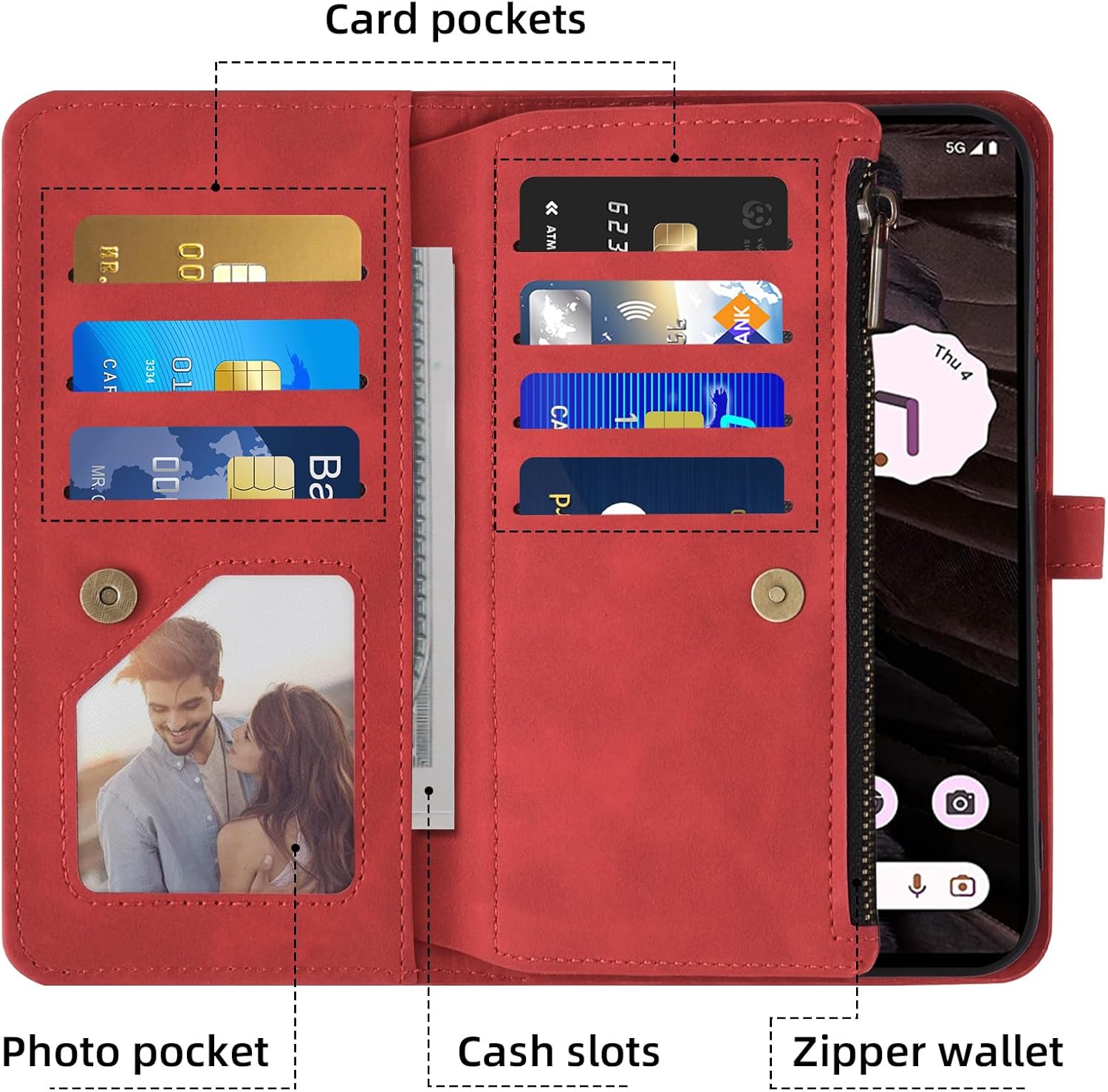 Phone Case for Google Pixel 7A 5G 2023 Wallet Cover with Tempered Glass Screen Protector and Crossbody Wrist Strap Leather Flip Pattern Zipper Credit Card Holder Stand Cell Pixel7A A7 Women Men Red