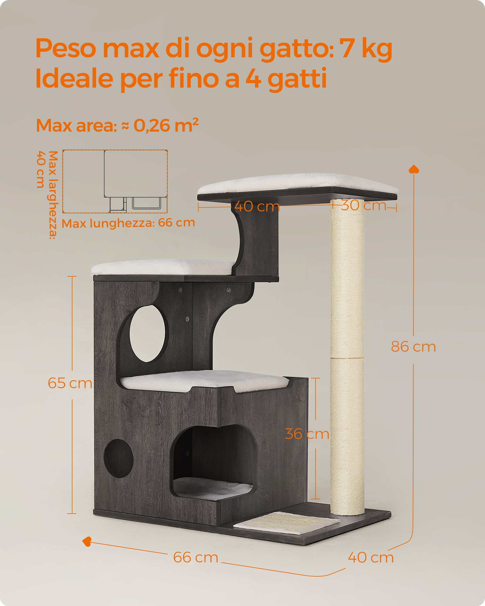 Feandrea Tiragraffi, Albero per Gatti di Truciolato Alto 86 cm, con Grotta, Posatoi, Colonna e Tappeto Graffiatoio in Sisal, Lavabili Tappeti in Pelliccia Sintetica, Grigio Nebbia PCT070G02
