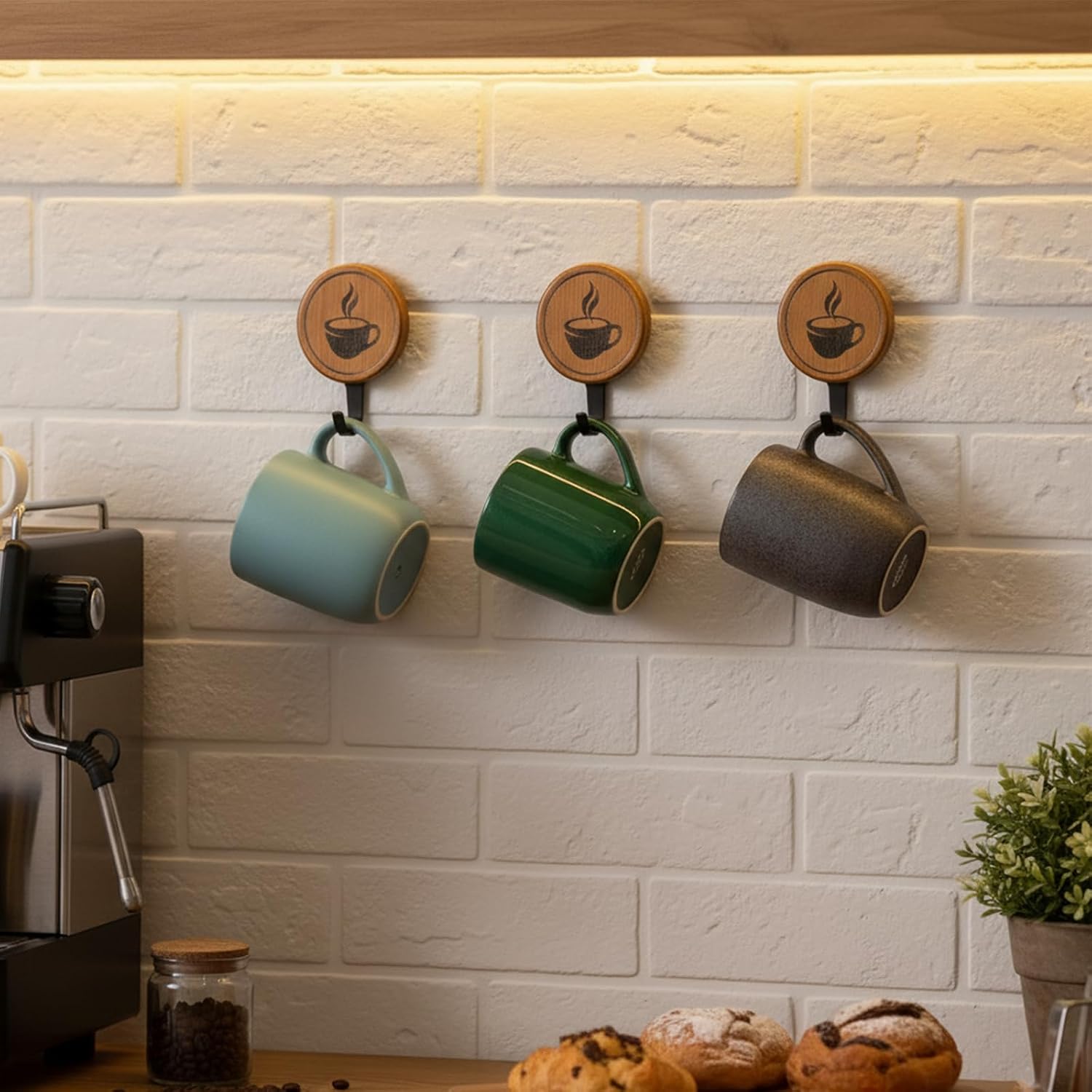 3PCS Bamboo Wall Mounted Coffee Mug Holder， with Hooks and Sign Modern Wood Coffee Sign for Kitchen, Bar Station Accessories, Coffee Sign Decor
