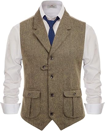 PJ PAUL JONES Mens Western Herringbone Suit Vest Tweed Wool Blend Slim Fit Waistcoat
