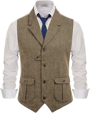 PJ Paul Jones Men's Western Herringbone Suit Vest Tweed Wool Blend Slim Fit Waistcoat