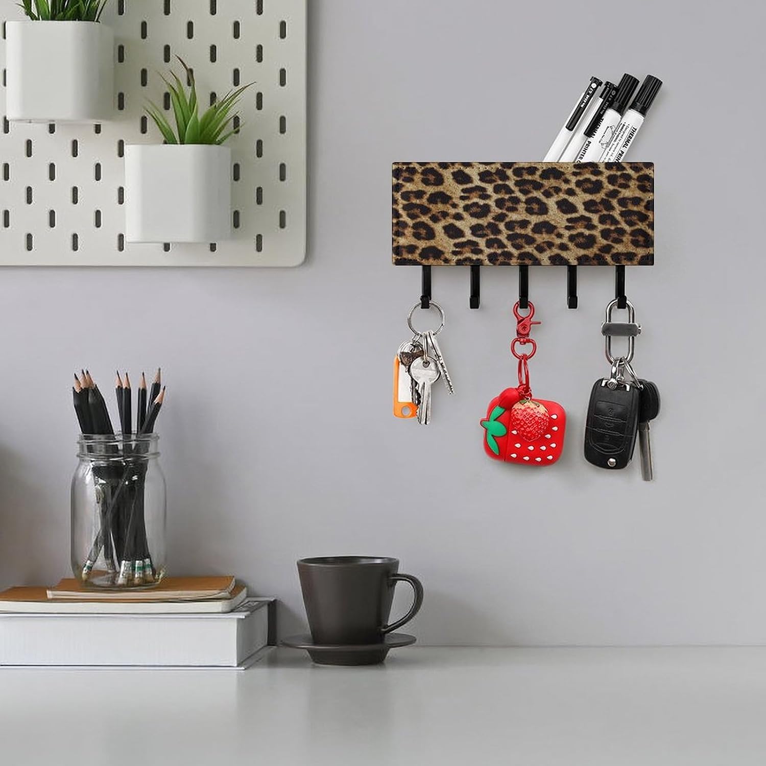 Key Holder Wall Mount Key Hanger with 5 Hooks, Decorative Key Rack | Yellow Leopard Print Hanging Key Hooks with Mail Organizer for Wall Living Room Kitchen Bathroom Hallway