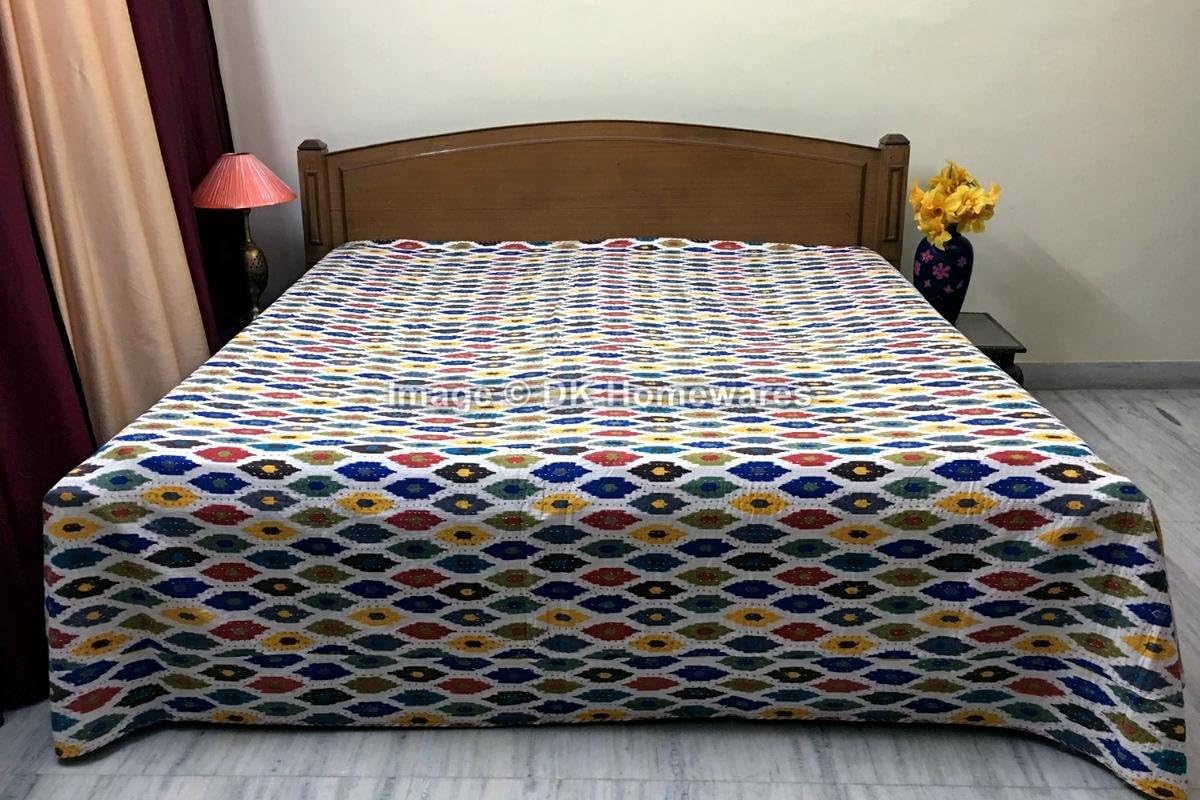 Indian Bohemian White Queen Size Kanta Quilt Decorative Cotton Kantha Work Ikat Printed Hand Stitched (108 x 90) -Set of 1 Coverlet Bedspread