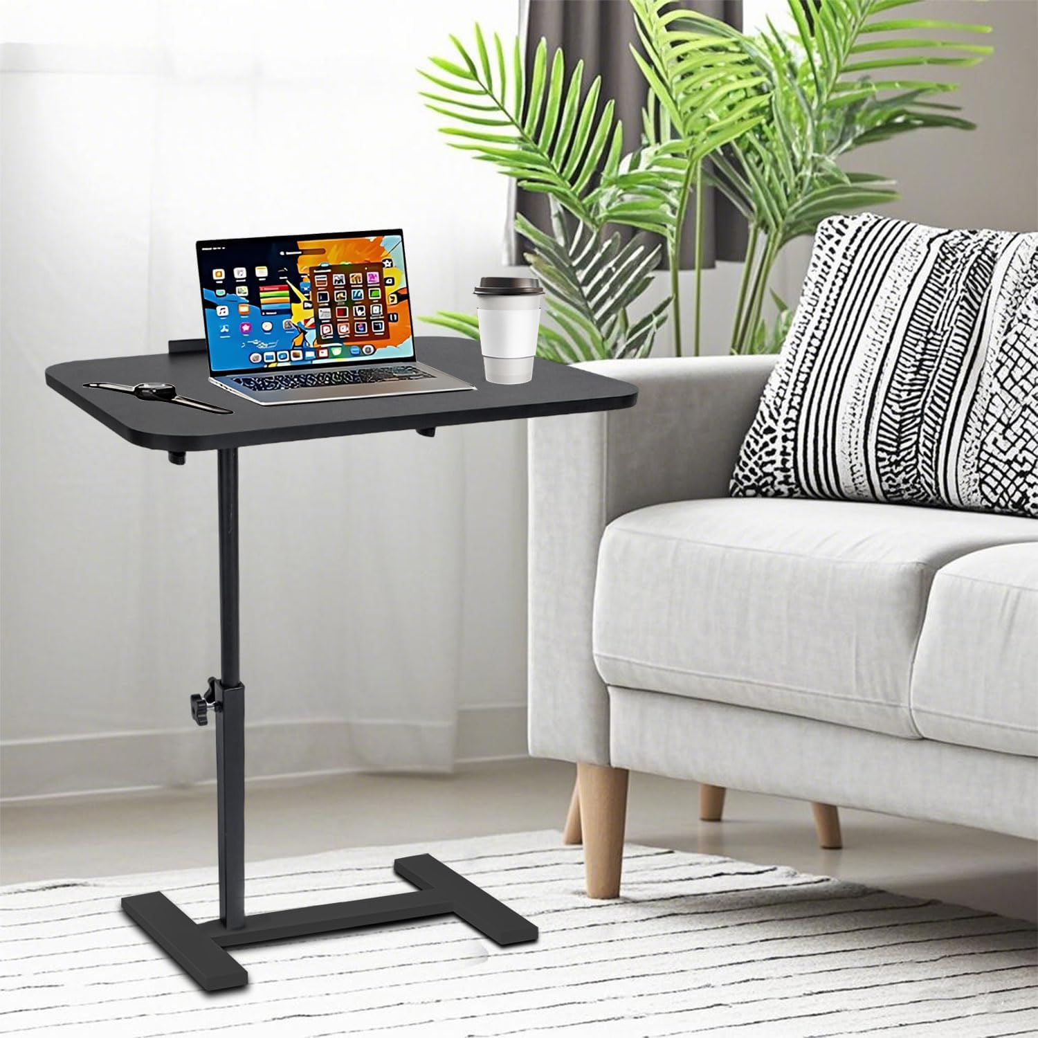 Adjustable Overbed Table, Overbed Bedside Table with Hidden Casters, 360° Swivel C Shaped Side Table, Mobile Laptop Computer Standing Desk for Home and Hospital Use (Walnut)