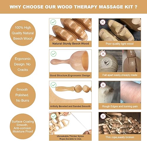 Miniatura 5 de Herramientas de masaje de terapia de madera 5 en 1 kit profesional de meroterapia para esculpir el cuerpo para drenaje linfático y anticelulítico