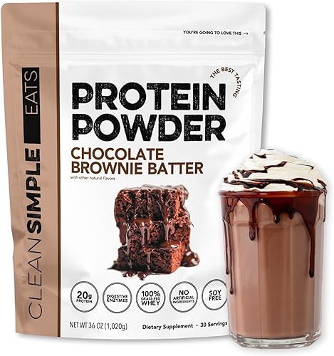 Clean Simple Eats Proteína de suero de leche en polvo de chocolate y brownie, proteína de suero de leche endulzada y prensada en frío, 0.71oz de
