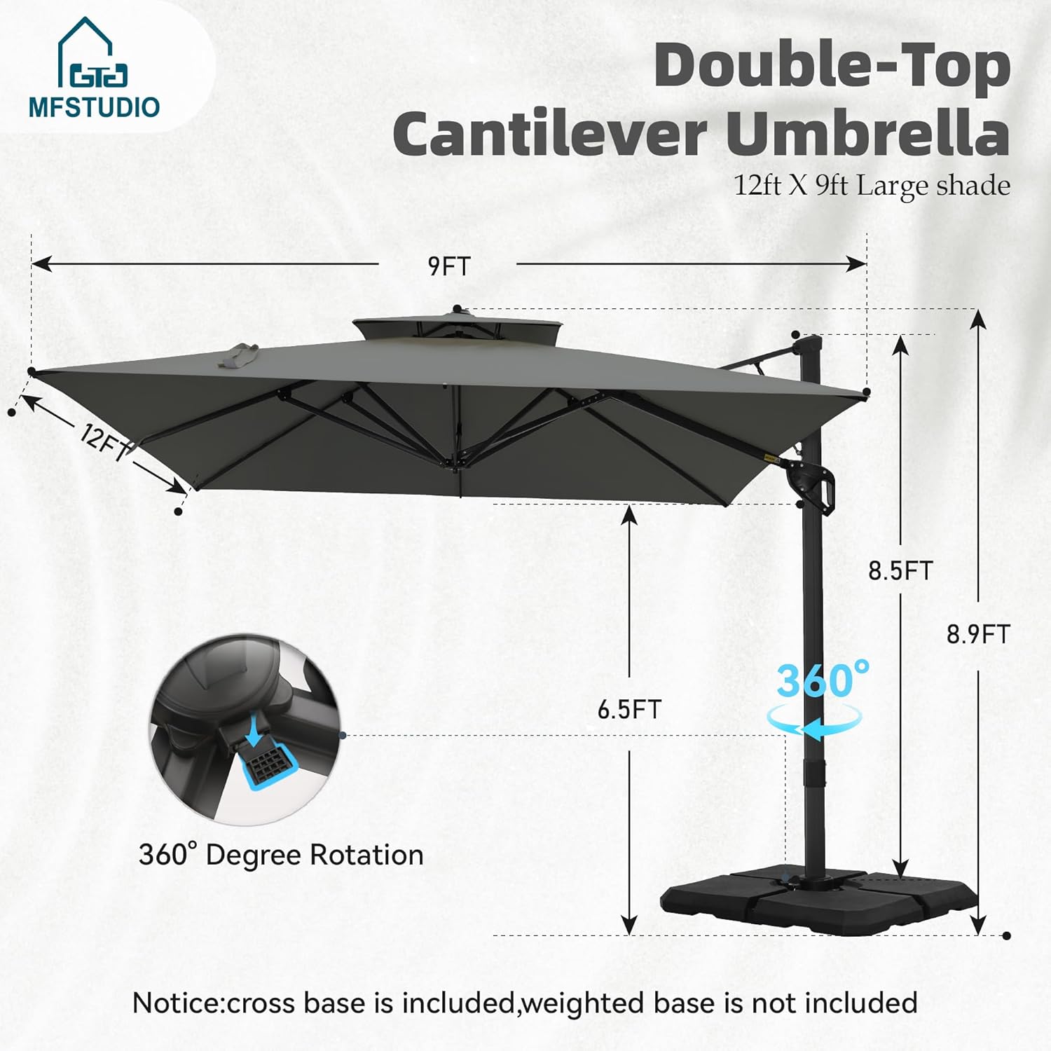 MFSTUDIO 9' x 12' Cantilever Patio Umbrella with Base Included, 360°Rotation Outdoor Umbrella, Rectangular Large Double Top Aluminum Hydraulic Offset Umbrella for Pool Deck Backyard, Gray