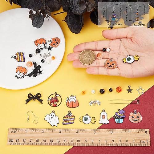 Miniatura 41 de SUNNYCLUE 1 caja de 10 pares de aretes de Halloween, kit de iniciación de esqueleto, hueso, araña, calabaza, cuentas de vidrio para kits