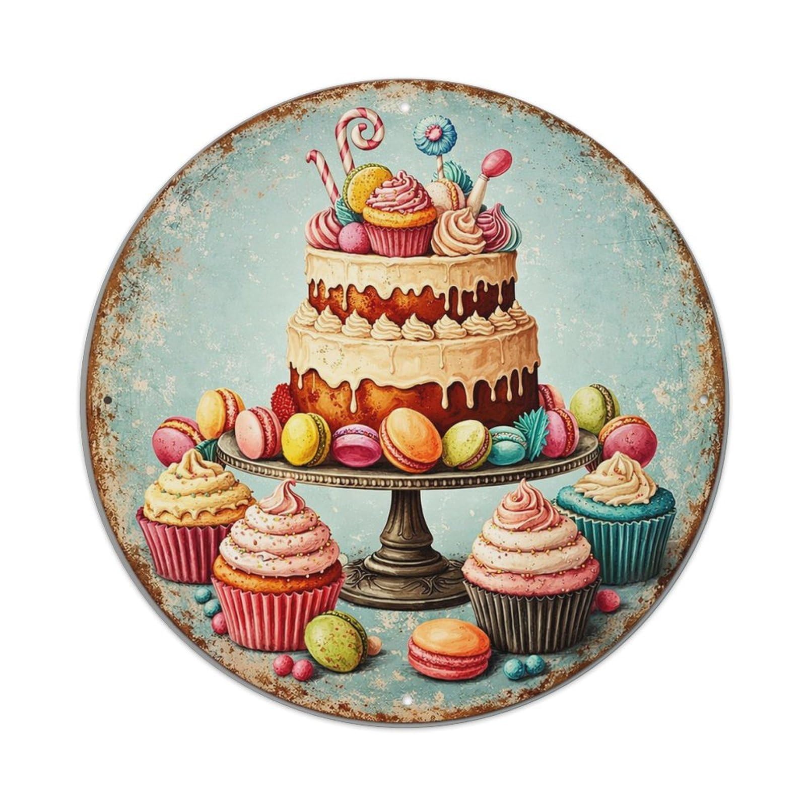 Sweet Cake Cupcake Macaron Candy Vintage Round Tin Sign Retro Metal Wall Decor Metal Poster, Home Bar Garage Cafe Wall Art Decoration 8x8Inches
