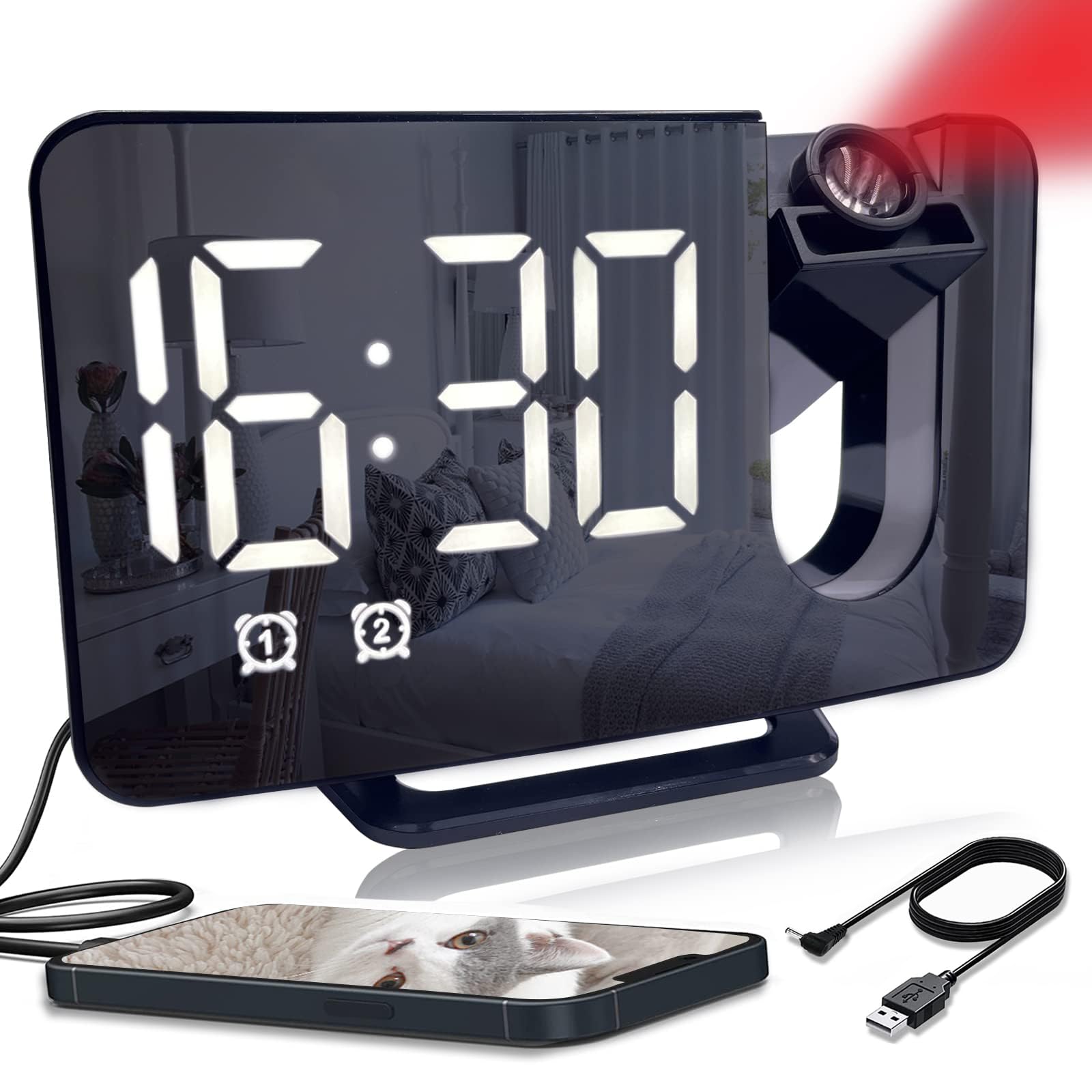 Sveglia Con Proiezione Orologio Digitale | Luce Notturna 10 Colori + USB-C | Bianco Per Camera - Foto 2