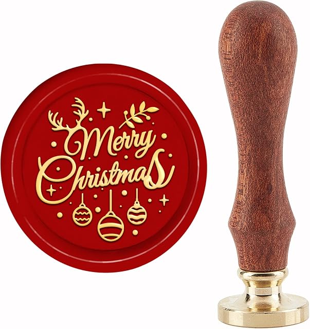 CRASPIRE Merry Christmas Wax Seal Stamp Christmas Ball Sealing Stamp 30mm/1.18inch Removable Brass Head Sealing Stamp with Wooden Handle Invitations Greeting Cards Wrap