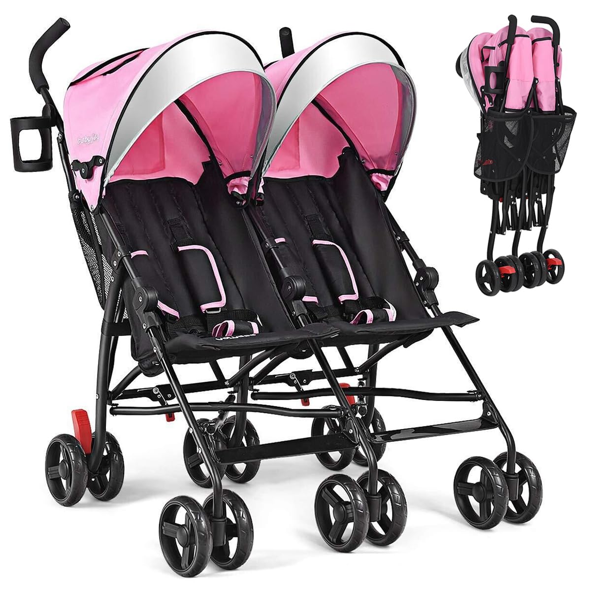 BABY JOY Double Umbrella Stroller, Lightweight Travel Side by Side Twin Stroller with Large Storage, Cup Holder, 5-Point Safety Harness, Adjustable Canopy & Compact Fold for Infant and Toddler (Pink)OEKO-TEX STANDARD 100