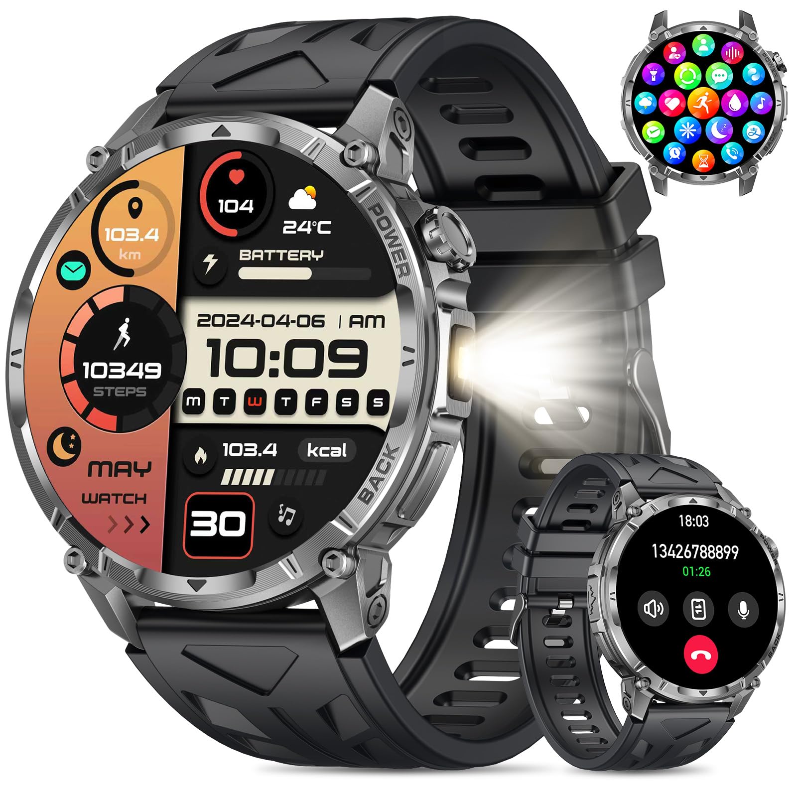 Montre Connectée Homme, 1,7'' Militaire Smartwatch avec Appel Bluetooth LED Lampe Torche 100 Ciel Veille Cardiofréquence 120+ Modes Sport Analyse Sommeil IP68 Fitness Android iOS (Silicone)