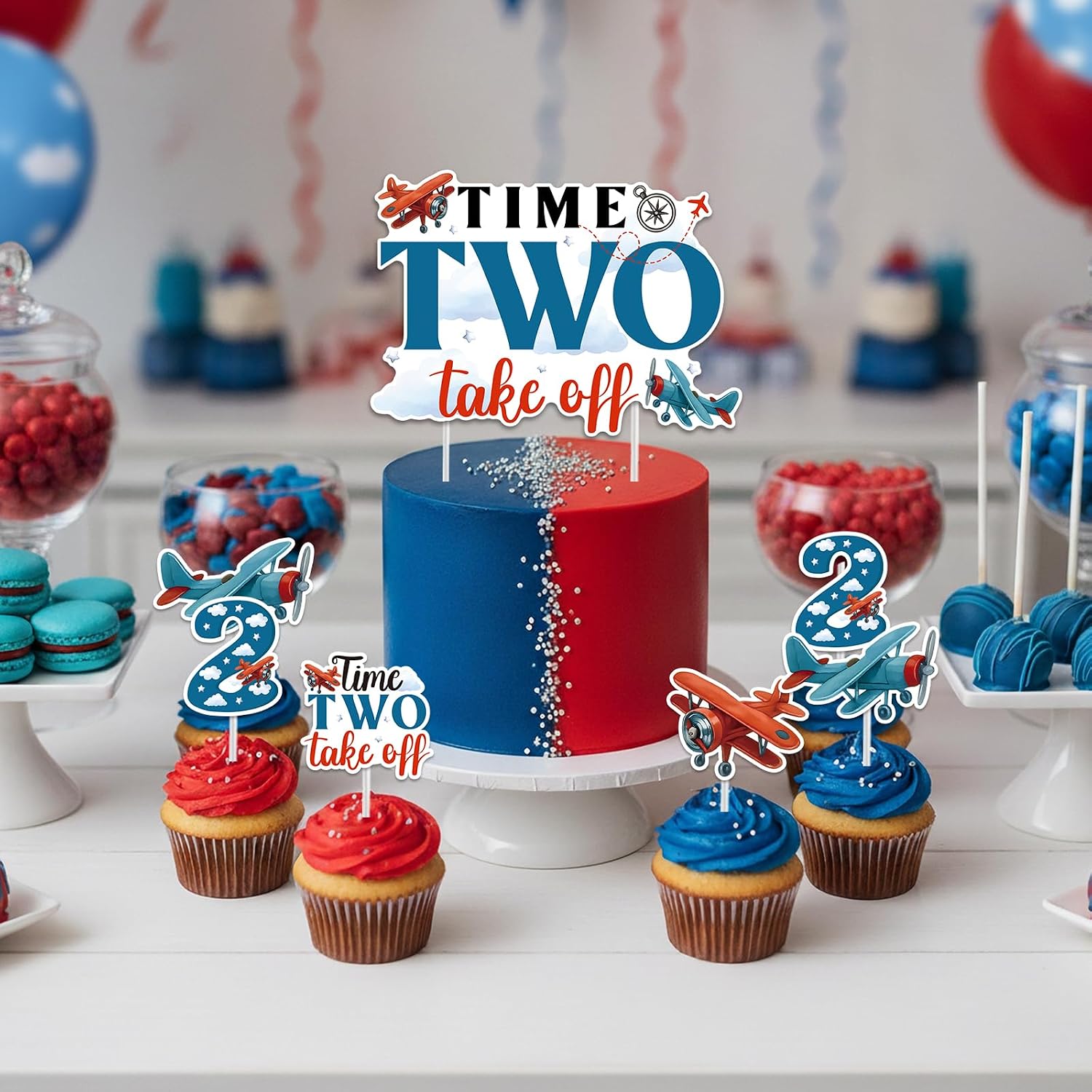 Airplane 2nd Birthday Party Decorations for Boy, Time Two Take off Banner Garland Aviation Themed Plane Cake Cupcake Toppers Red Blue Latex Balloons for Time Flies Theme 2nd Birthday Party Supplies