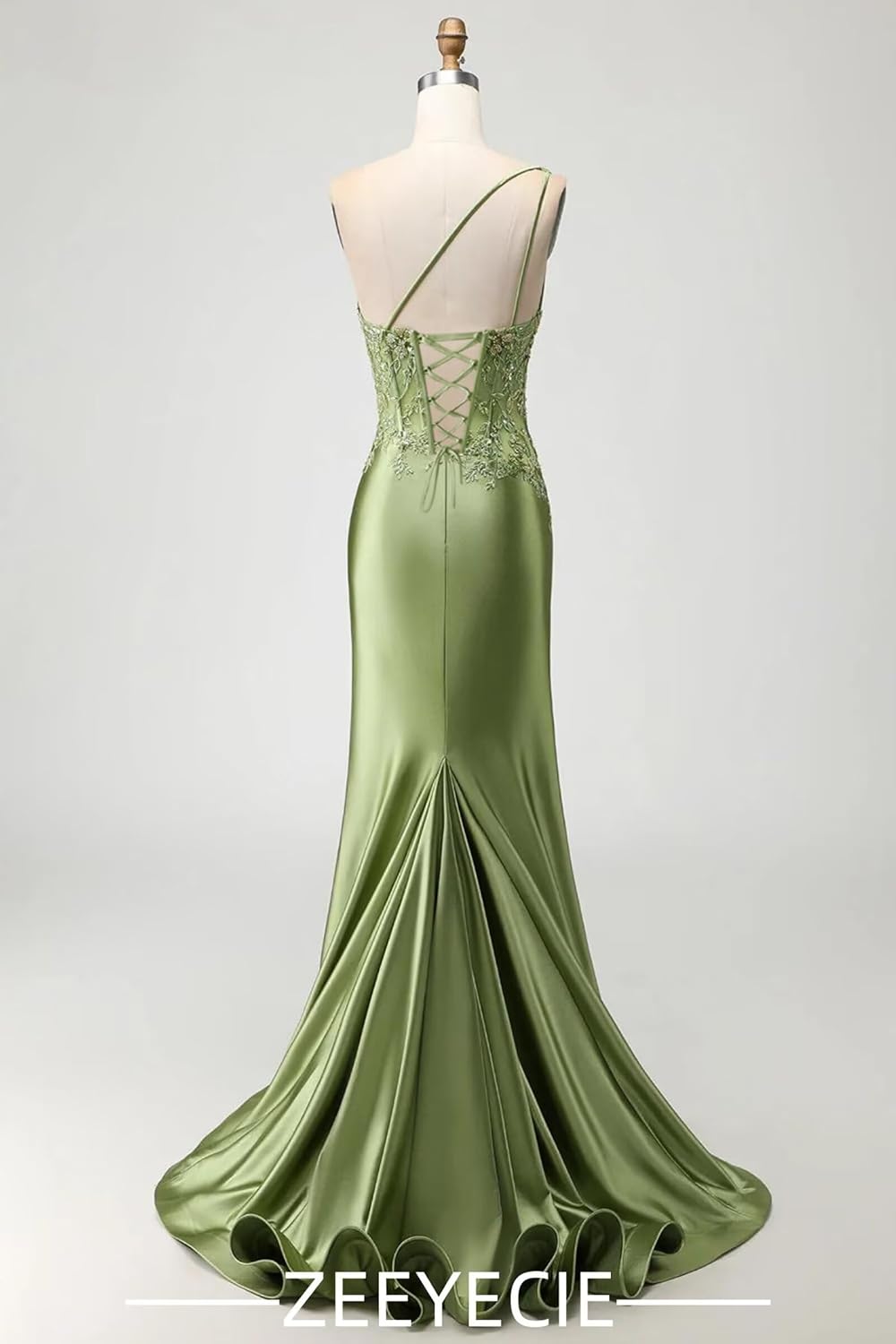 Zeeyecie One Shoulder Satin Prom Dresses Mermaid Lace Applique Beaded Evening Formal Ball Gowns with Slit