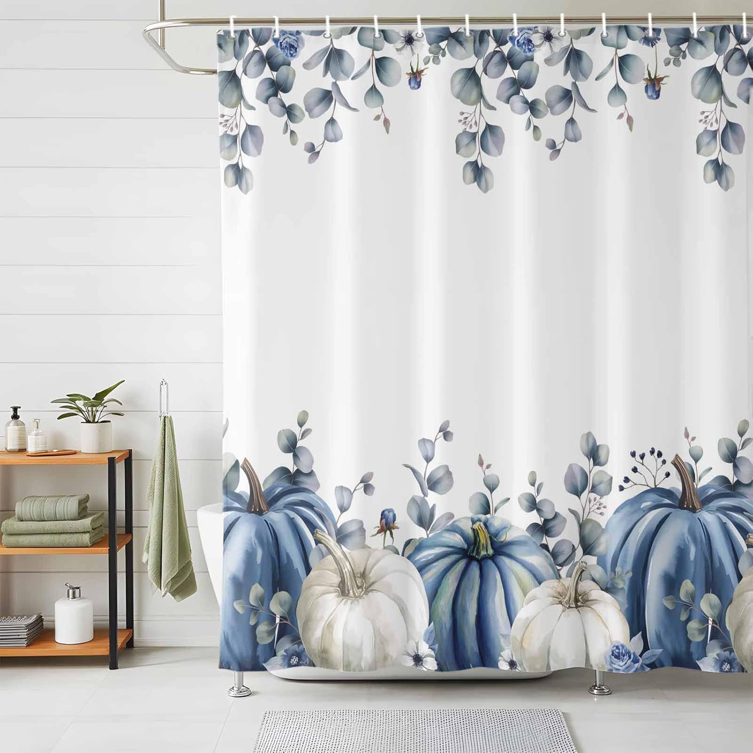 Fall Shower Curtain Set, Blue Pumpkin Bath Shower Curtain with Hooks Waterproof Polyester Fabric Shower Curtains for Bathroom Holiday Thanksgiving Decorations White Pumpkins Green Leaves 72x72 Inch