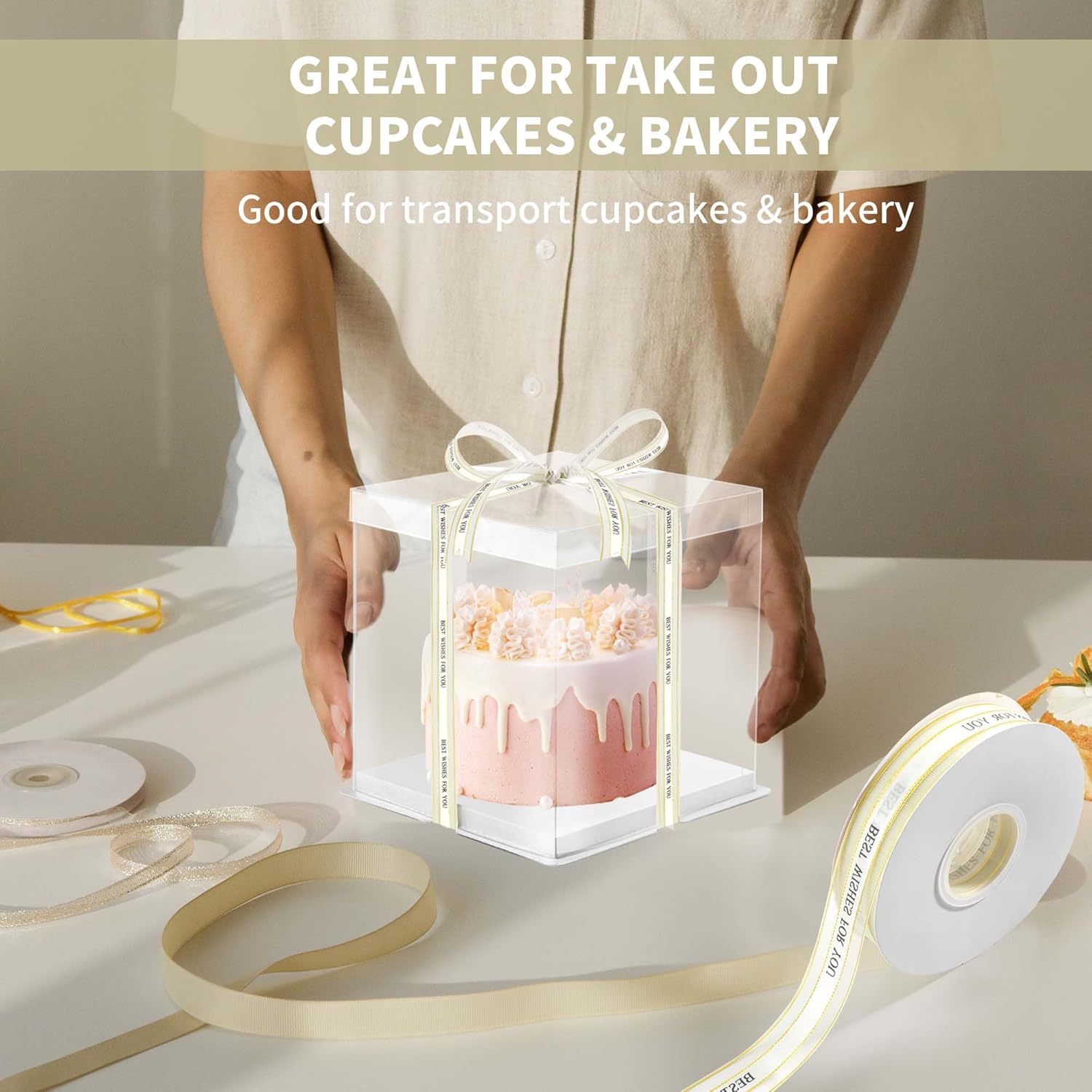 YEUIKERR 12 Pcs Clear Cake Box 7x7x8 Inch Cake Packaging Boxes, Tall Cake Box with Lid and Ribbon, Transparent Cake Box for Bakery, Wedding Birthday Party