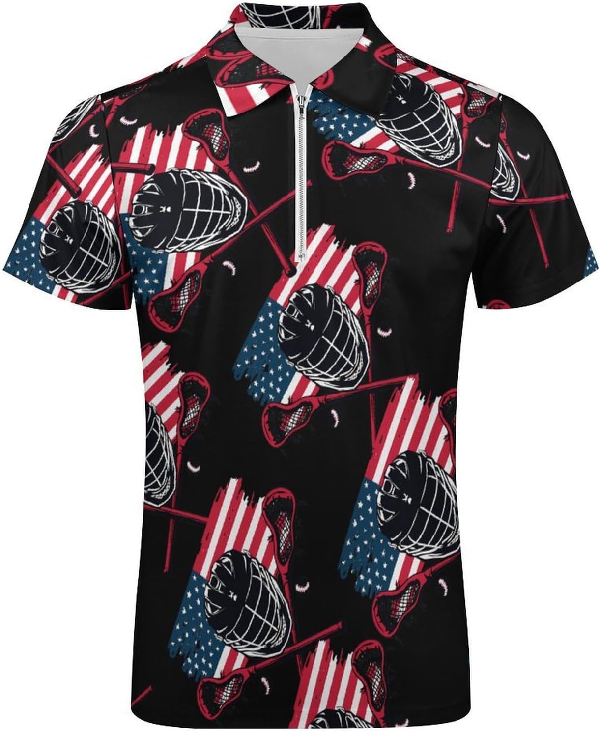 Lacrosse US Flag Helmet and Sticks Men's Polo Shirts Golf Short Sleeve Tops | Casual Workout,Golf T-Shirt,Zippered Tee,Collared,Print