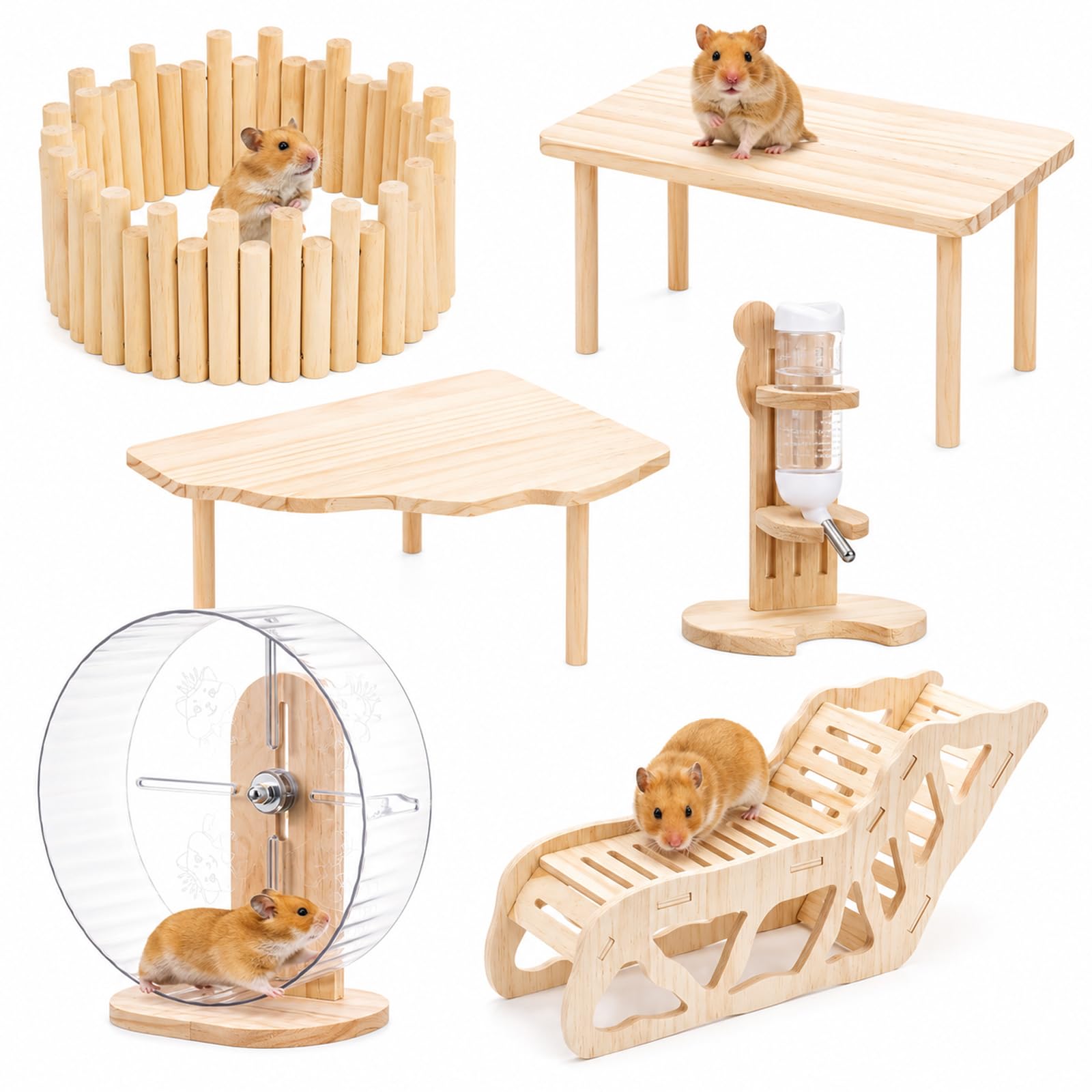 Juego de 6 accesorios para hámster de madera natural, parque infantil para hámster con rueda ajustable silenciosa, 2 plataformas, valla de madera, portabotellas y tumbona para hámsters dorados