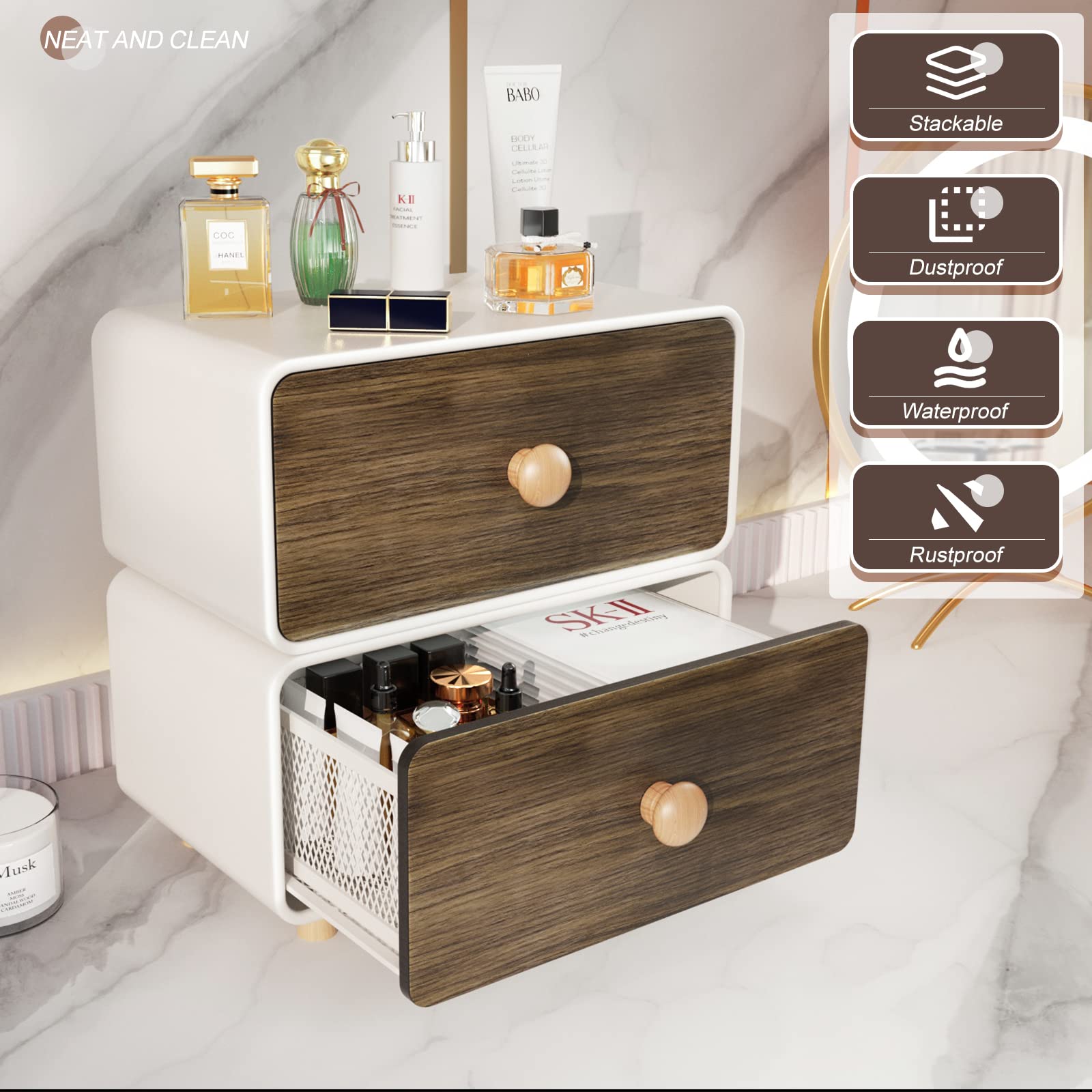 Ceinun Desk Organizer with Drawer, Metal Desk Storage Box, Makeup