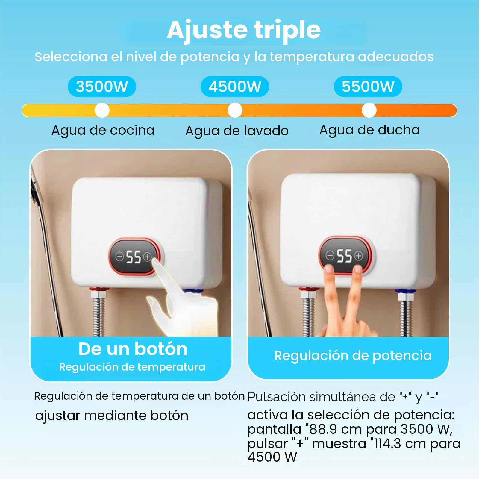 Mini calentador de agua, 3500-5500 W, 220 V, protección IPX4, con indicador de temperatura LED, Plug and Play, agua caliente para ducha, cocina, baño