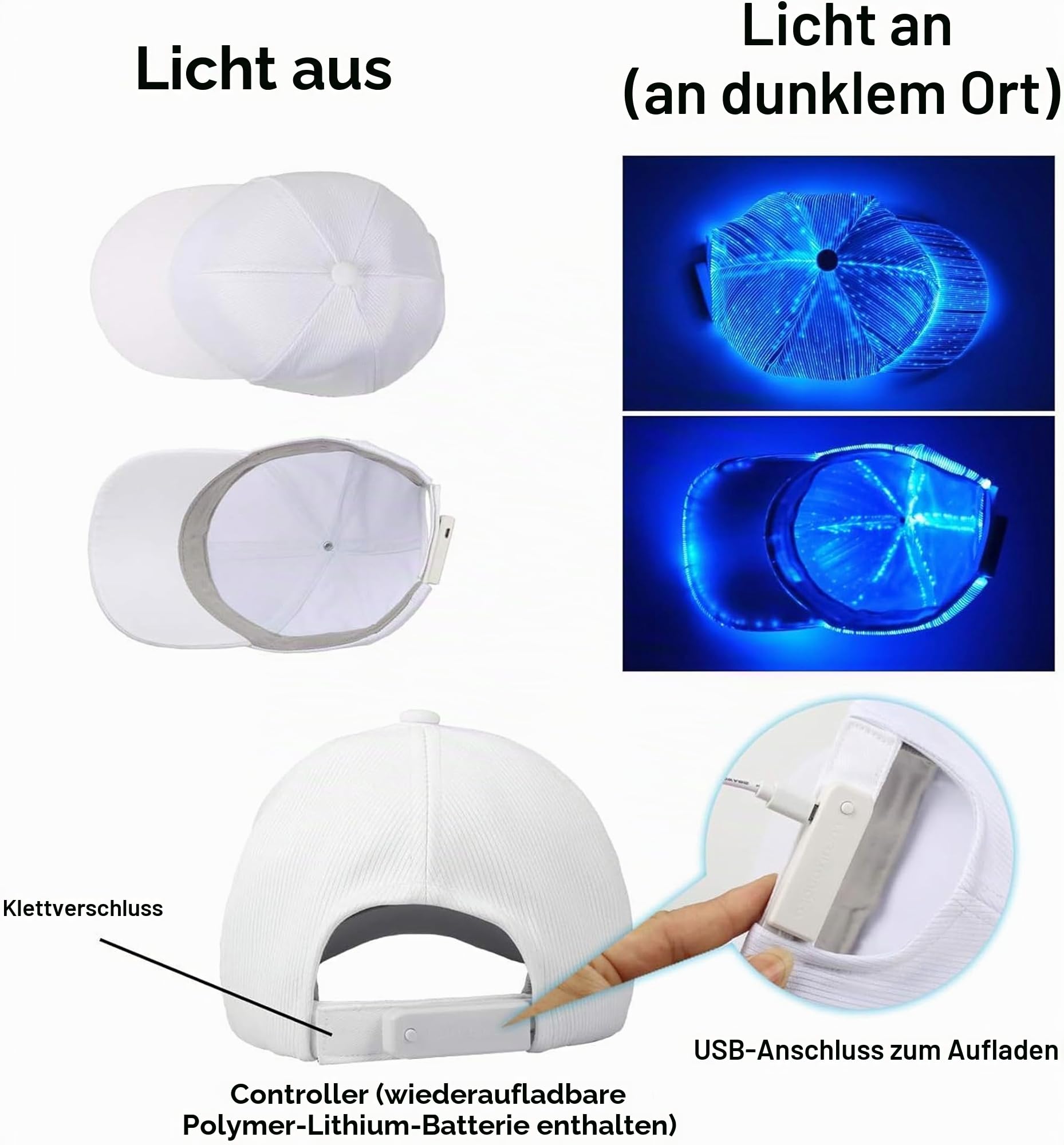 Cool Baseballkappe mit RGB Licht | LED-Hut mit 7 Farben & 5 Blinkende Modi | Verstellbar, USB Wiederaufladbare, Lichtmütze für Damen und Herren, Rave-Zubehör für Party, Geschenke Cap für Männer Frauen