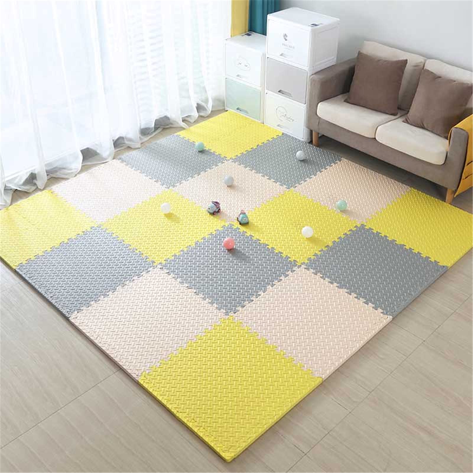 Alfombra Rompecabezas De Espuma para Niños,60X60x2.5Cm Alfombra Juego Bebe De Espuma Suave Durable, Impermeable Y Antideslizante Alfombrillas De Juego De Enclavamiento,Beige+Gray+Yellow,6pcs