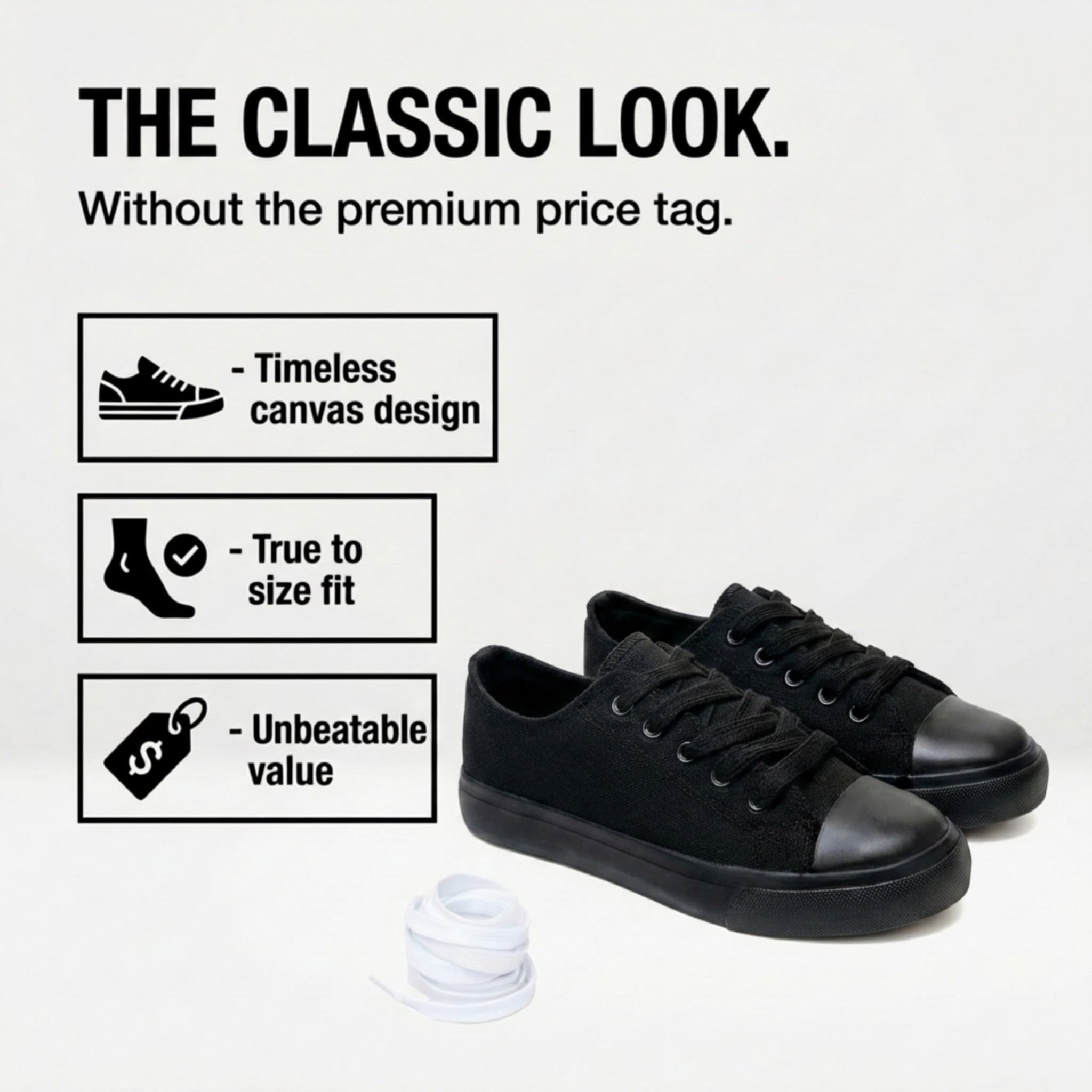 The Fashion Supply Kids Canvas Sneakers for Girls and Boys, Low Top Lace-Up Shoes for Little Kids (All Black, 1)