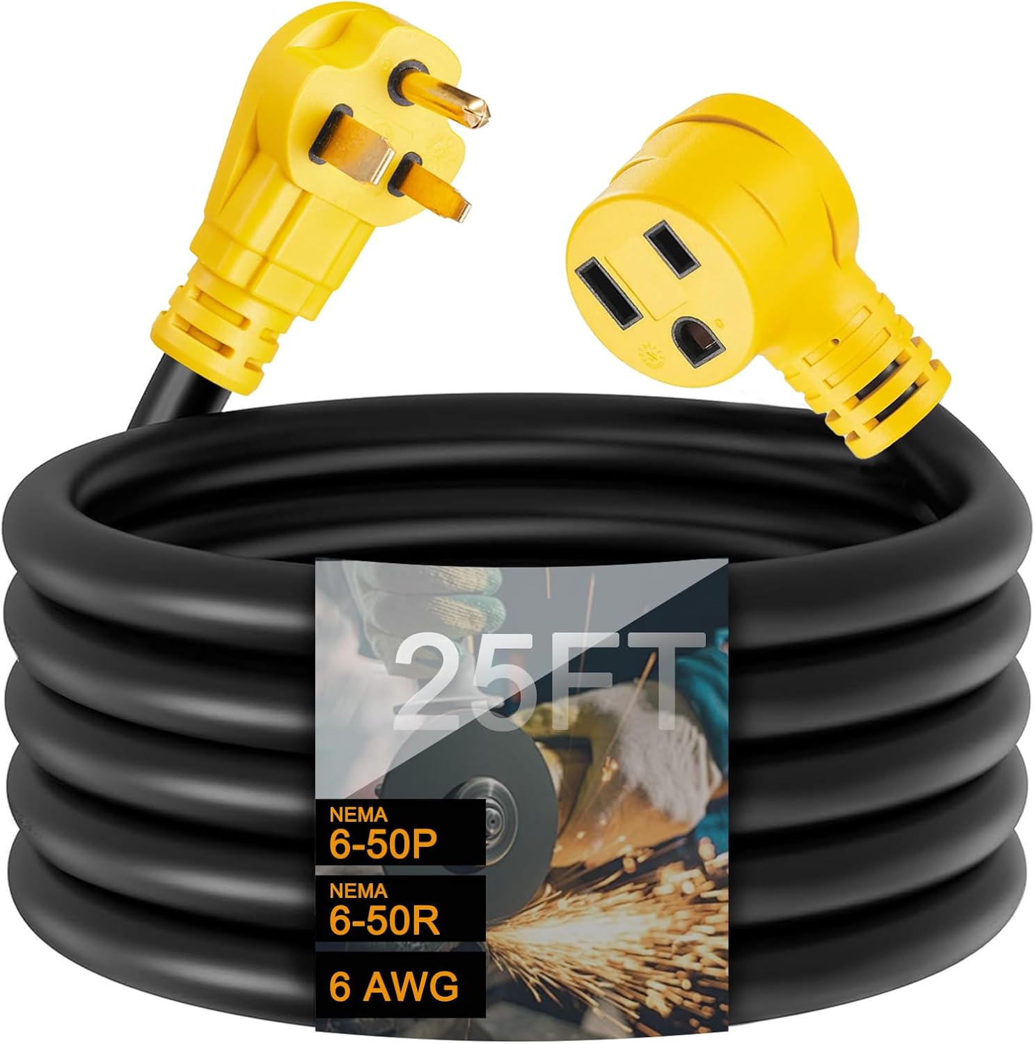 25ft 50 Amp Welder Extension Cord, NEMA 6-50 STW 6AWG/3C Heavy Duty Industrial Welder Cord, 250 Volts, 12500 Watts, for Hobart, Lincoln, Miller Welder & EV Charger, ETL Listed 25 FT 6 AWG