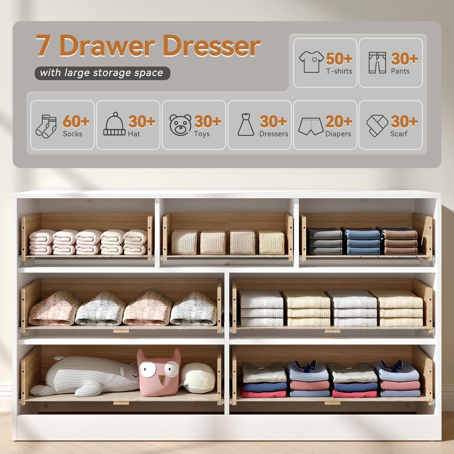 Illustration of storage capacity for 7-drawer dresser, showing items like t-shirts, pants, socks, hats, toys, diapers, and scarves