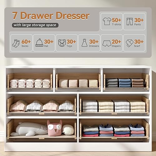 Miniatura 5 de Cómoda blanca con 7 cajones para dormitorio, cómoda acanalada de 55 pulgadas de ancho con asas doradas, cómoda moderna para dormitorio, armario,