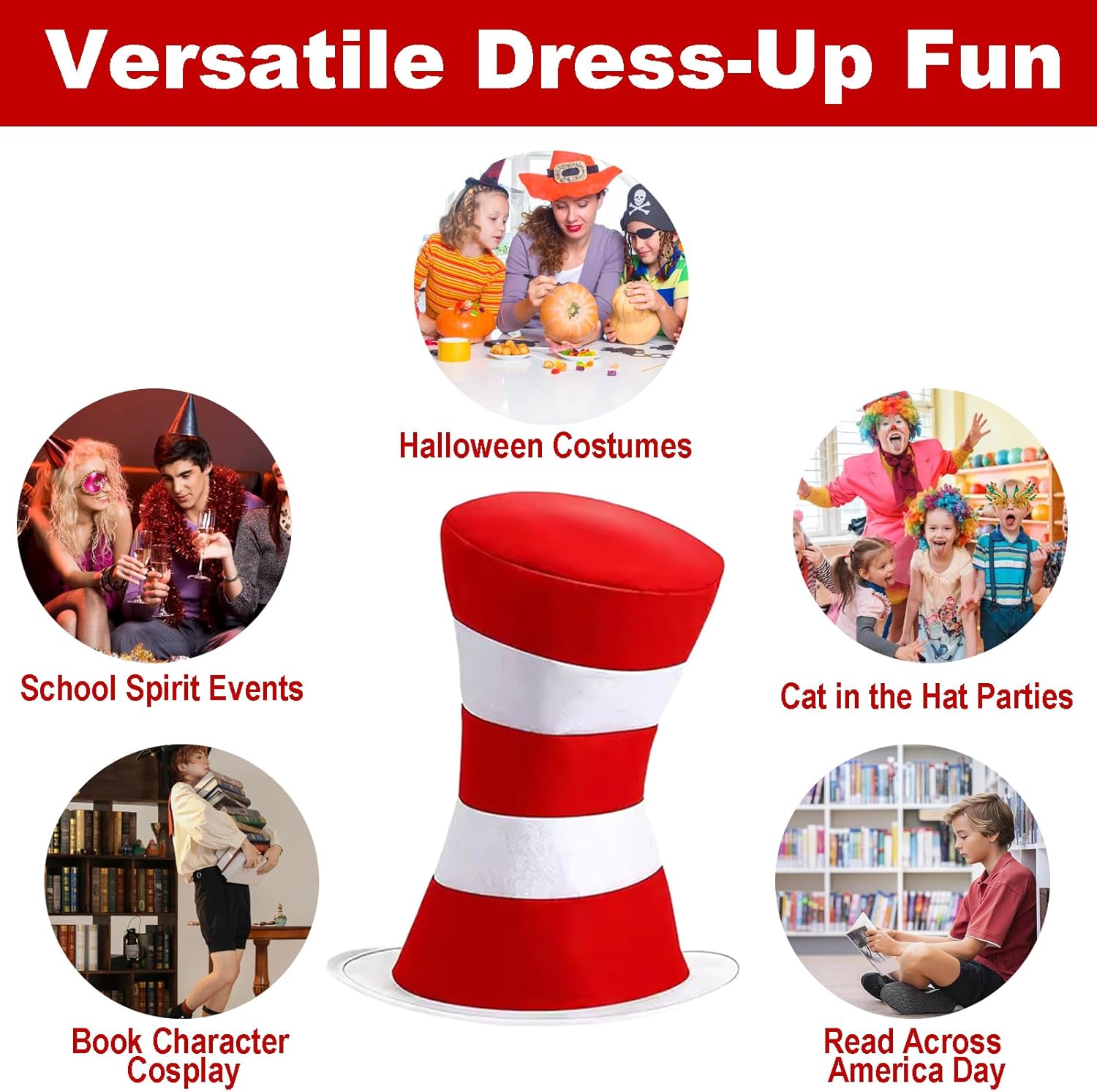 Classic Red and White Striped Top Hat, Costume Hat for Halloween & Theme Parties - Image 2