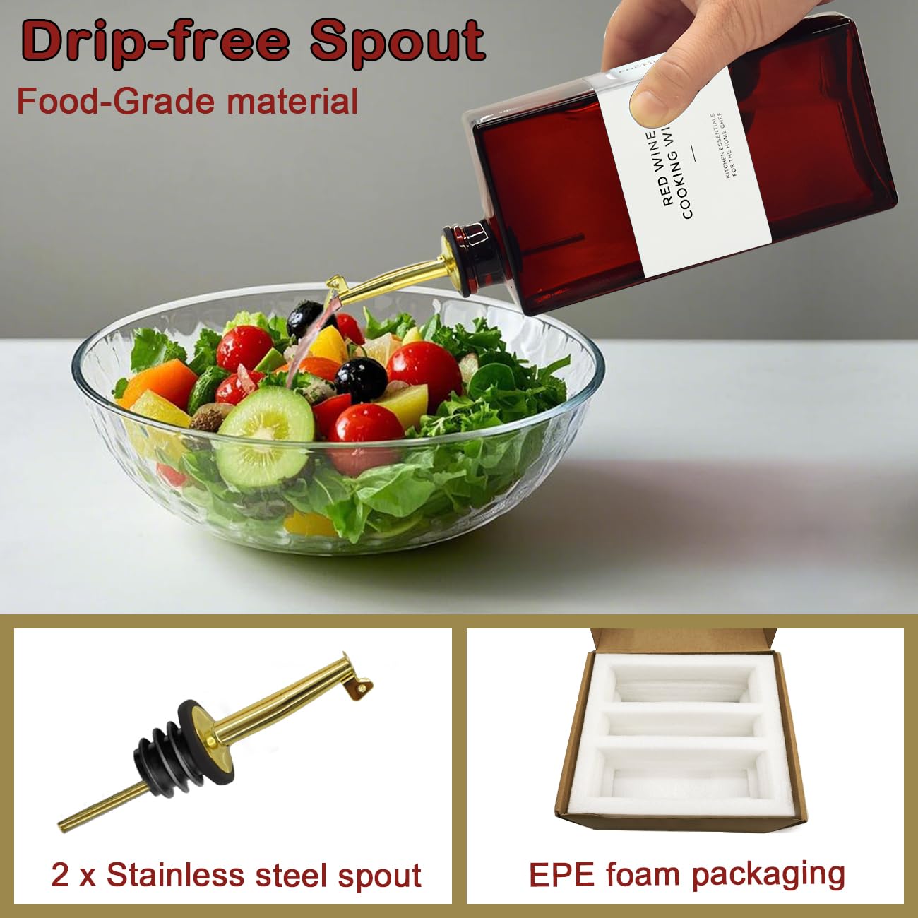 Lot de 2 flacons distributeurs d'huile d'olive pour cuisine – 480 ml en verre marron foncé, protection UV, ensemble distributeur d'huile et de vinaigre, bec verseur anti-goutte, essentiel de