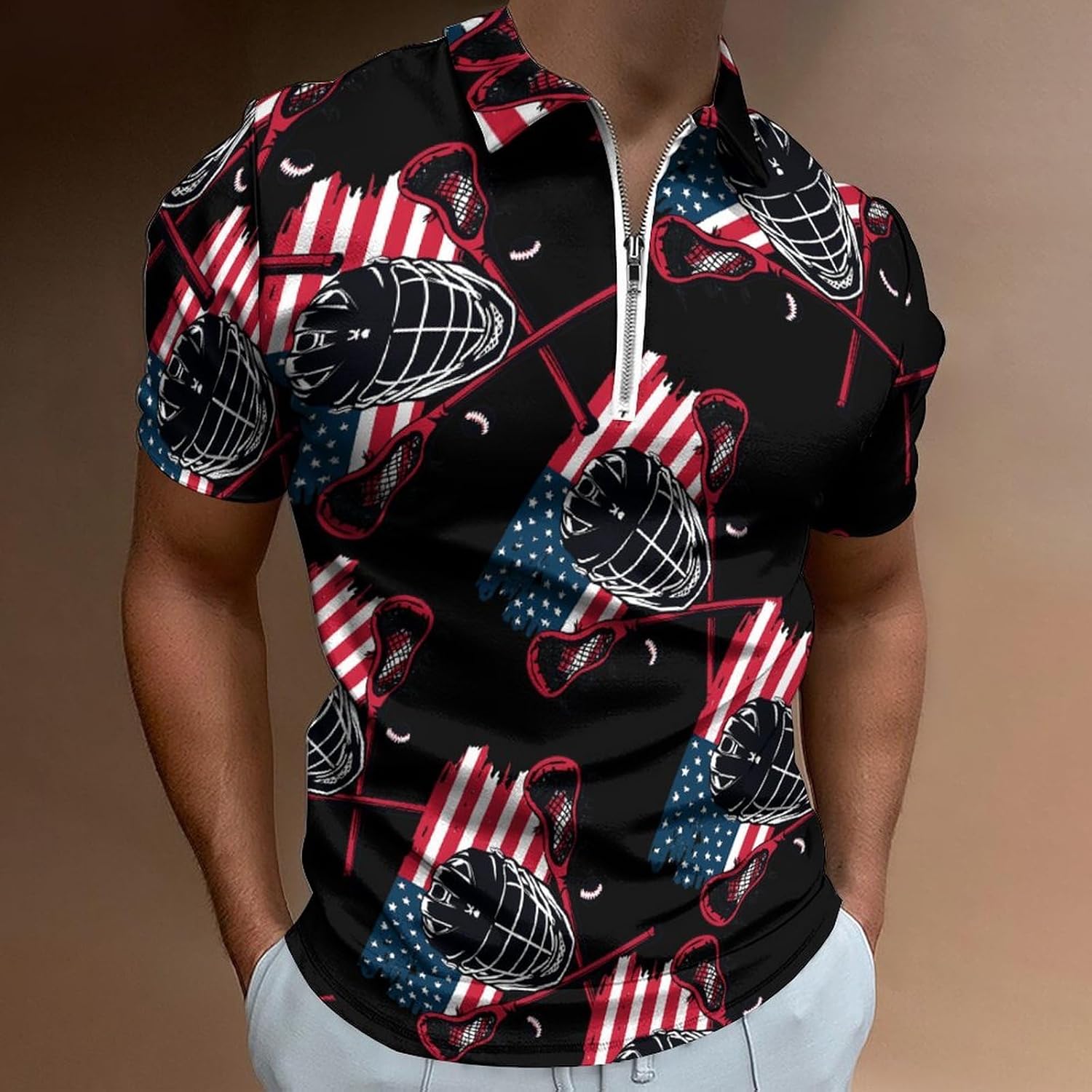 Lacrosse US Flag Helmet and Sticks Men's Polo Shirts Golf Short Sleeve Tops | Casual Workout,Golf T-Shirt,Zippered Tee,Collared,Print