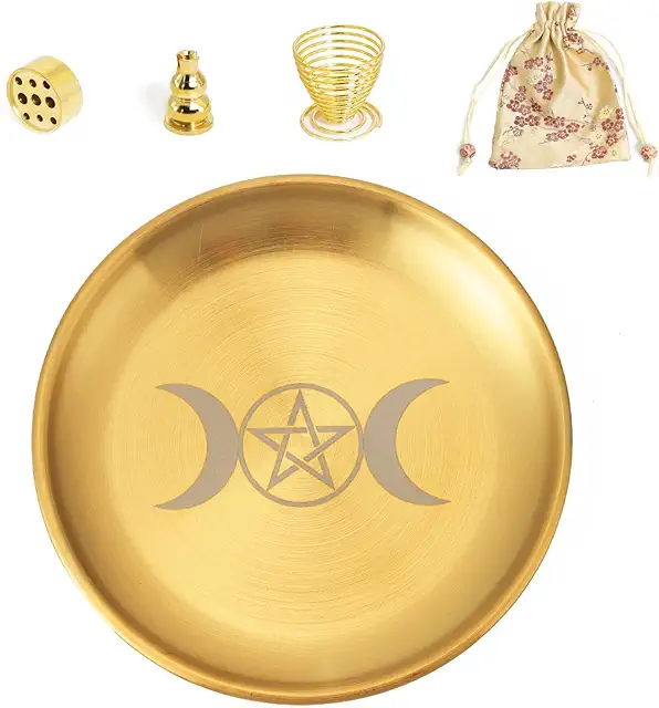 Triple Goddess Brass Incense Holder - 5-in-1 Set with Storage Bag