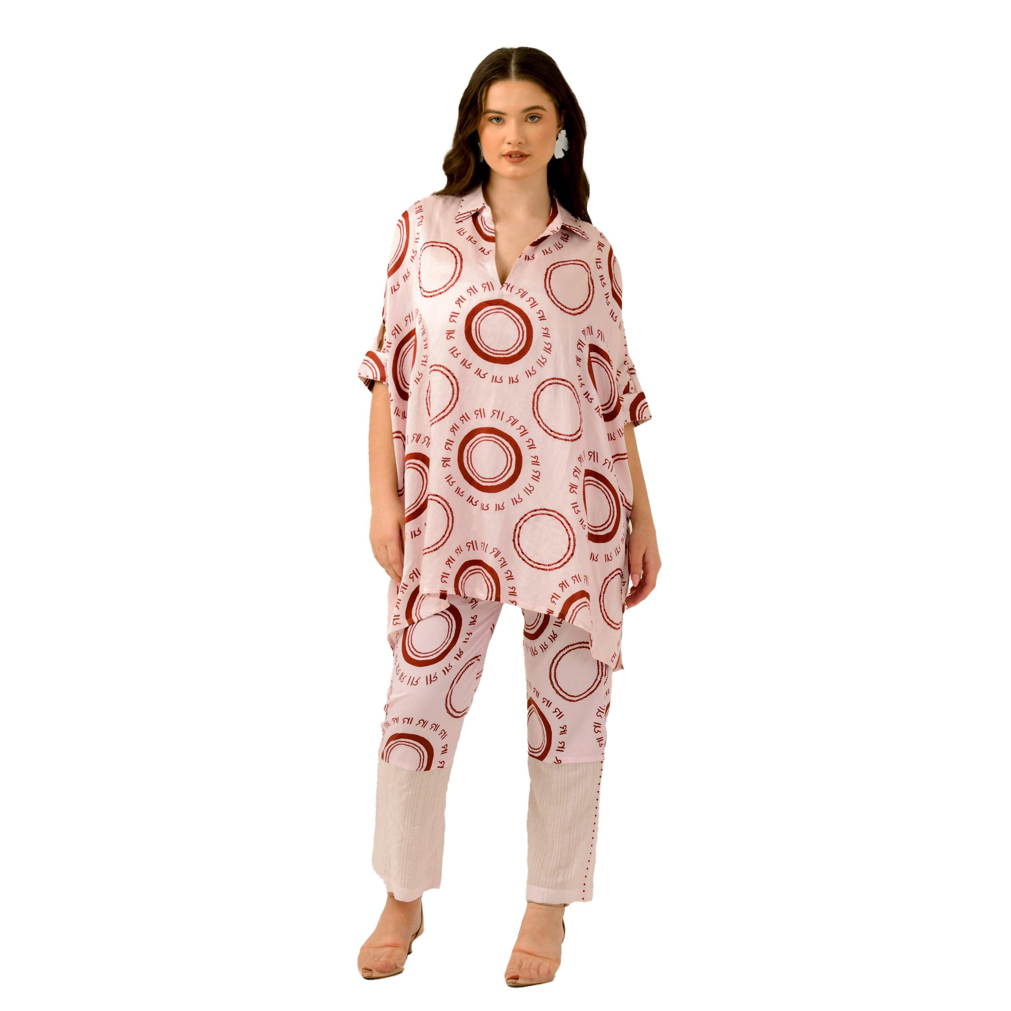 pink and red maa print embellished kaftan top and straight trouser set