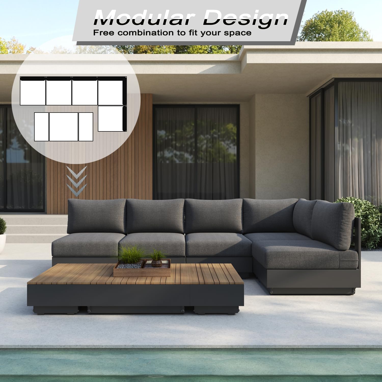 OKNOONOK Luxury 8-Pieces Patio Outdoor Furniture, L Shaped Metal Aluminum Garden Lounge Sofa Set, Outdoor Conversation Set, Outdoor Sectional Sofa with Side Table, All Weather Modular Sectional Couch image 6
