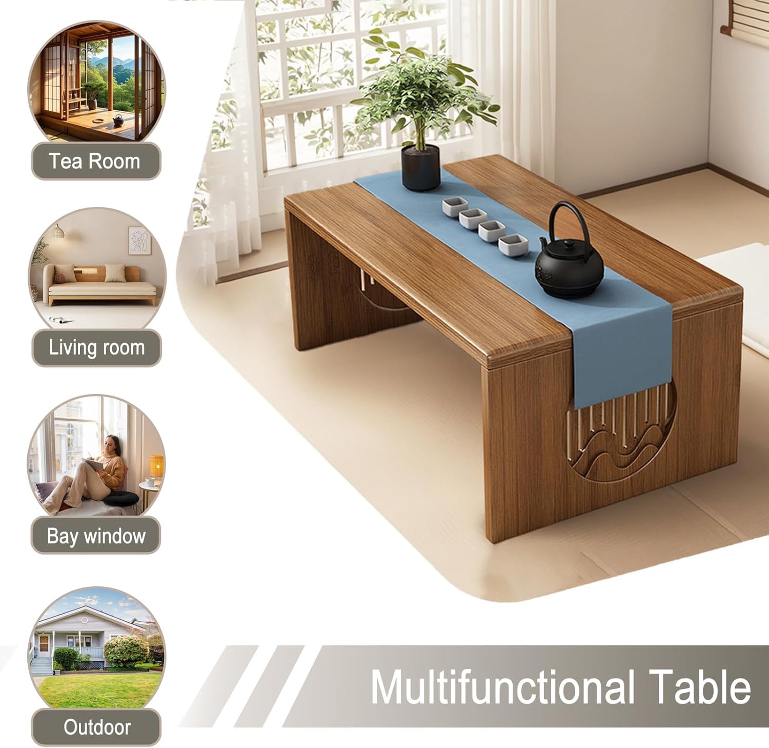 Mesa plegable japonesa, mesa de meditación de bambú para sentarse en el suelo, mesa de té portátil para sala de estar, comedor, decoración del hogar