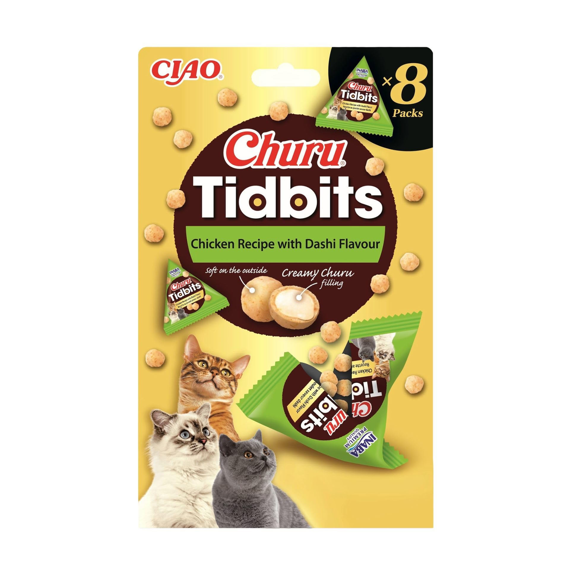 Churu Tidbits by INABA: Chicken with Dashi Flavour (8 x 12g) / Soft & Chewy Baked Cat Treats with Taurine & Green Tea Extract, Delicious & Healthy Snack, Training Treat, Natural, Grain Free