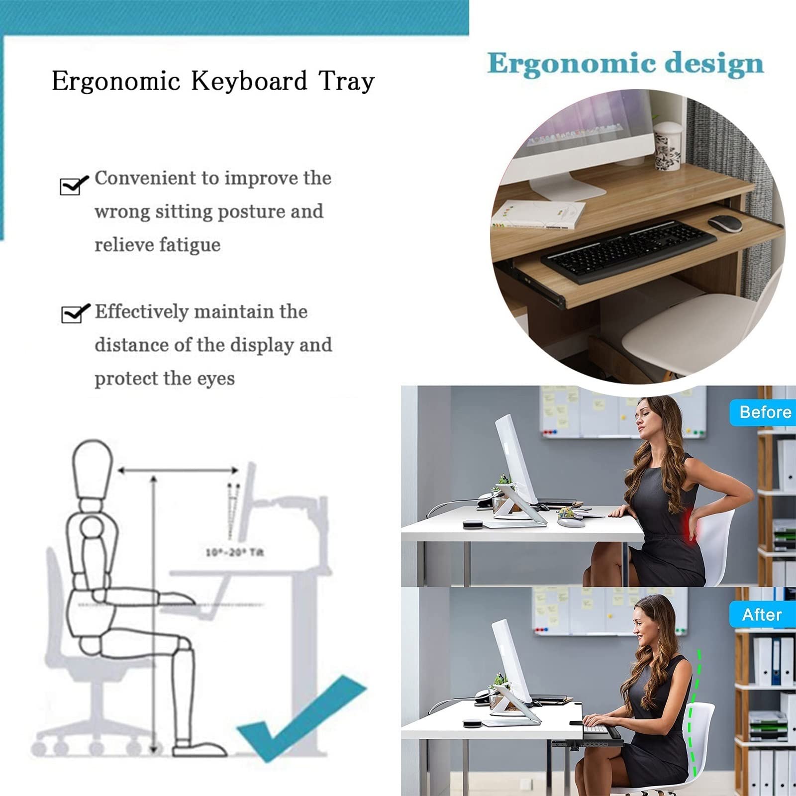 V3VOGUE Bandeja for Teclado Bajo Mesa, Soporte PortaTeclado Deslizable, Ajustable Extensor De Escritorio, Ergonómico Estante Teclado Cajón, Fácil De Instalar, Mejorar Postura, for Oficina/Hogar