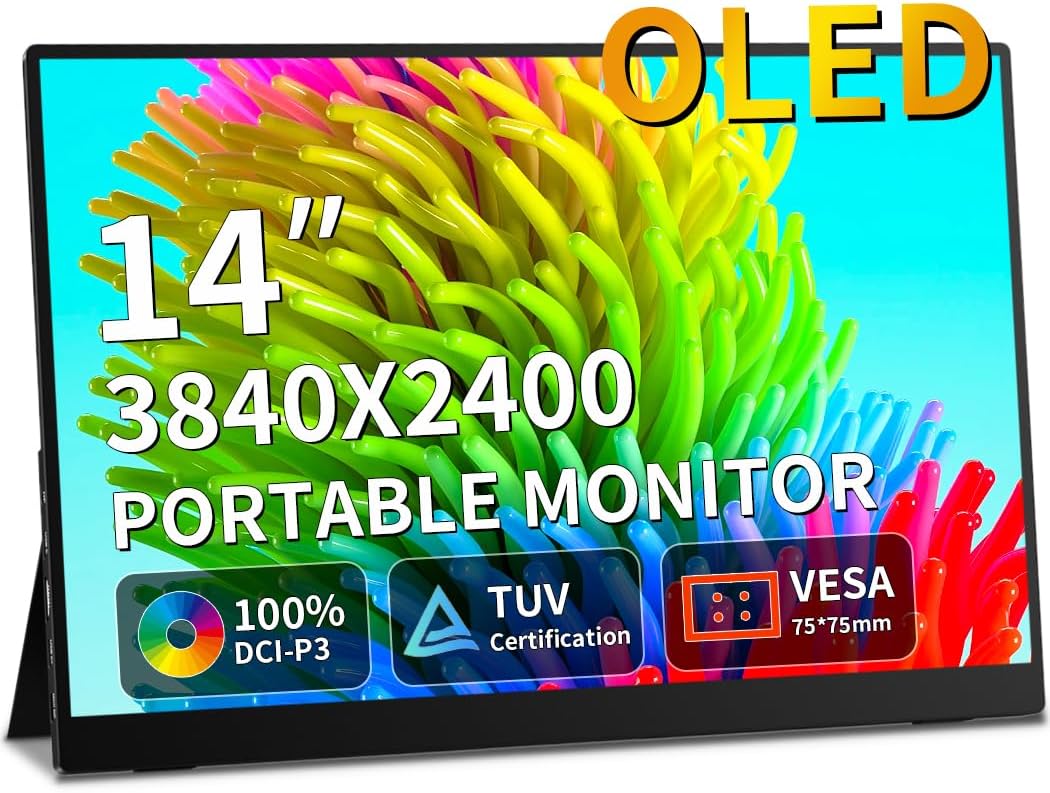 Portable Monitor OLED 4K 14 Inch Touchscreen Mobile Display,100% DCI-P3 1MS Eye Care PC Monitor for Laptop, Mac NUC Mini PC, VESA & Integrated Stand