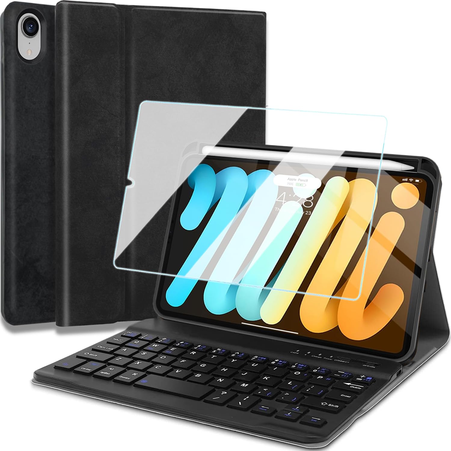 Nanhent Keyboard Case with Screen Protector for iPad mini (A17 Pro, 2024 Model, 7th Generation) / Mini 6 (2021 Model, 6th Generation), Slim PU Stand
