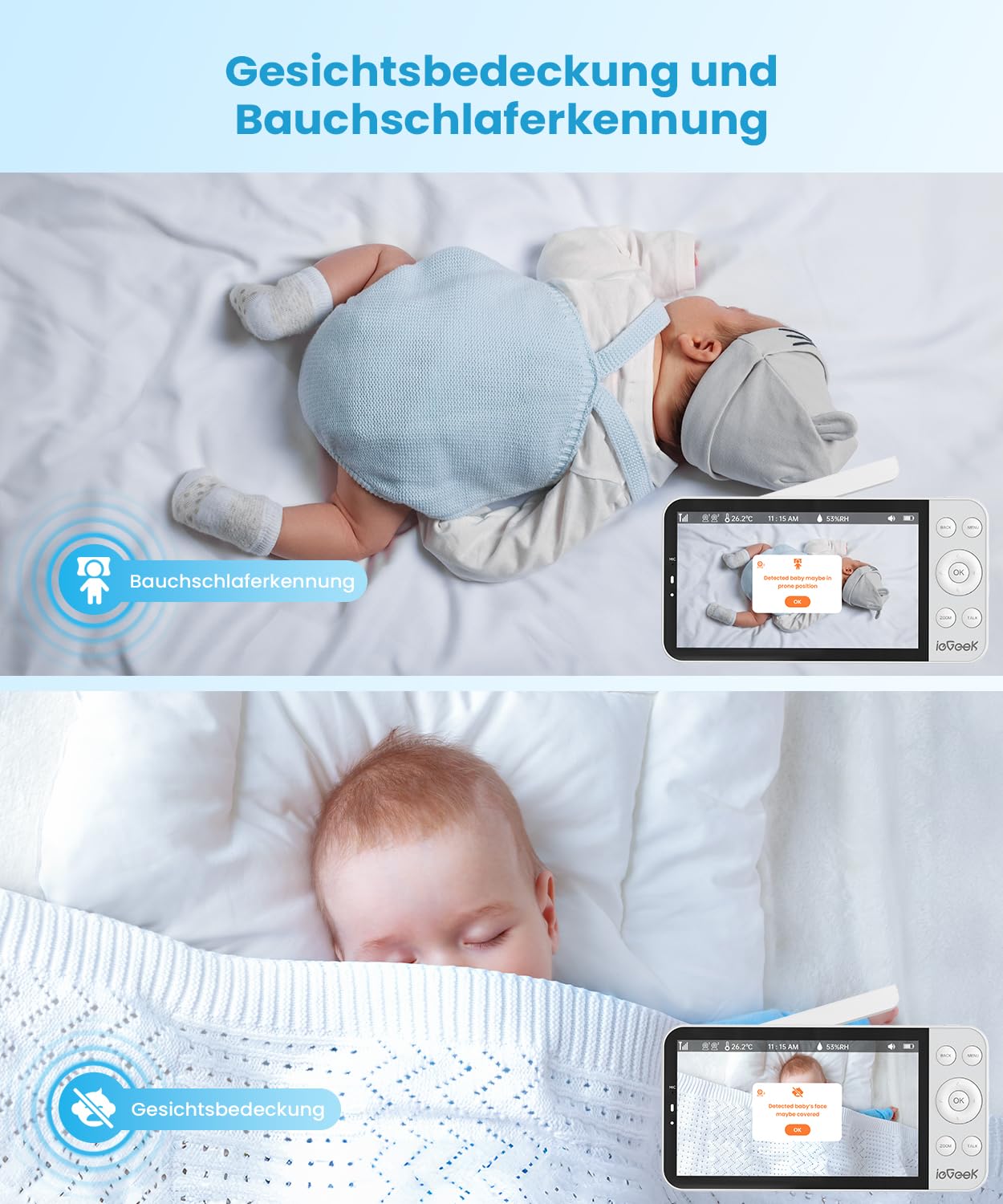 ieGeek Babyphone mit Kamera 2,5K/4MP, 5,5 Zoll WLAN Video babyfone (unterstützt 2,4 GHz und 5 GHz) PTZ 360°, Intelligentes Nachtlicht, Automatische Verfolgung, Weinen/Bewegungs, Mobile App