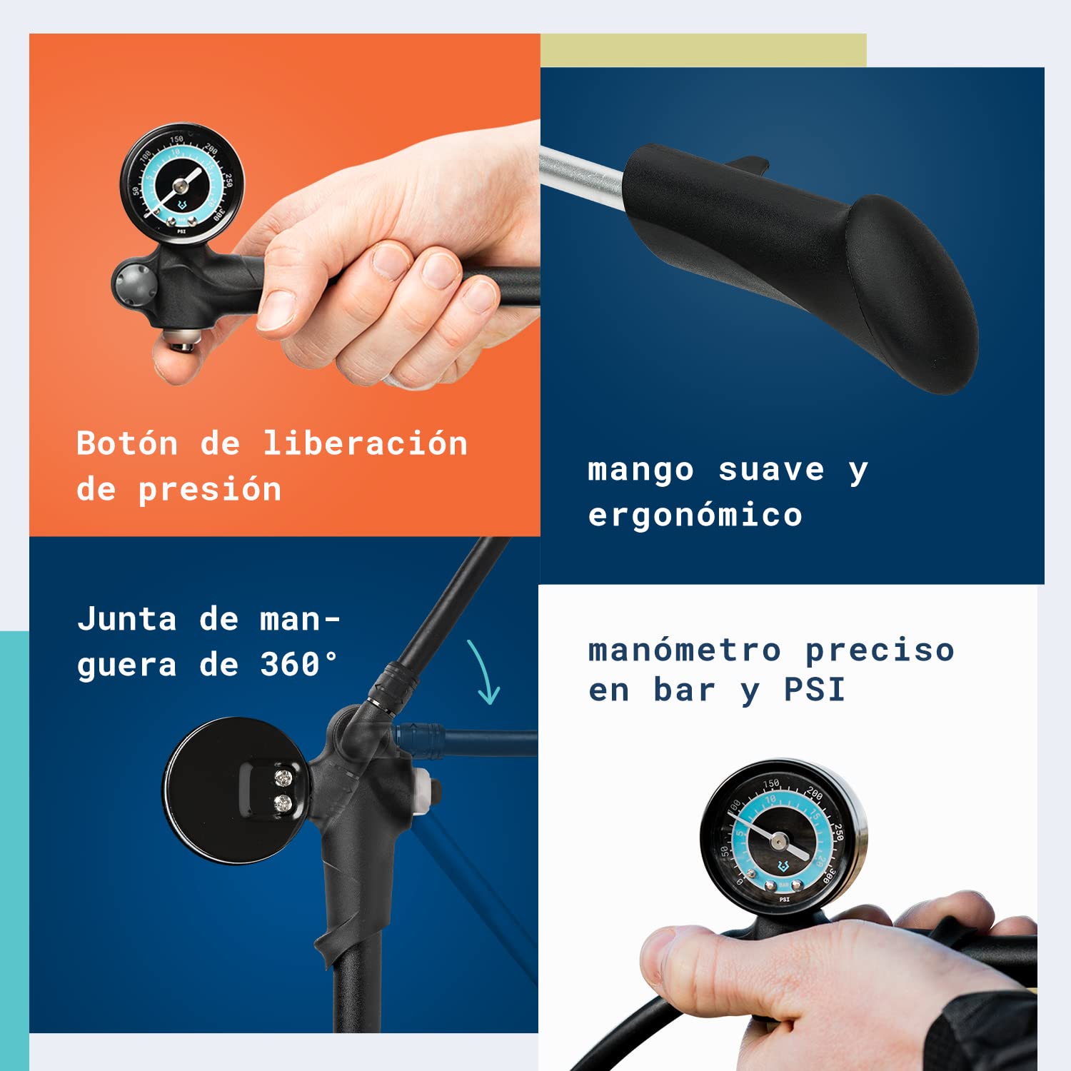 Alphatrail Bomba de Amortiguación Bob - para Todos los amortiguadores de Aire y Horquillas 300 PSI / 20,7 Bar presión I Air Bleeder I Gran manómetro (Ø40mm) I Bomba supsension para RockShox, Fox etc