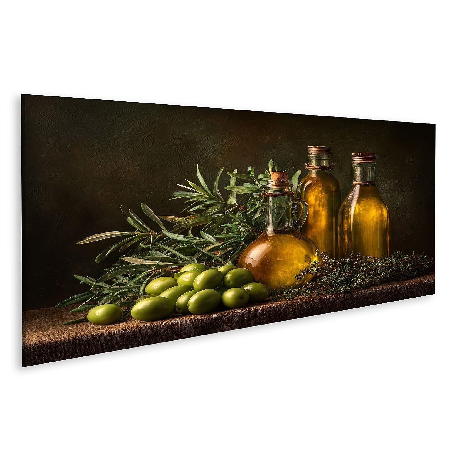 islandburner Primer Imagen sobre lienzo Botellas de aceite de oliva y aceitunas con kraeutern bodegón - lienzo 120x40cm - Panorama