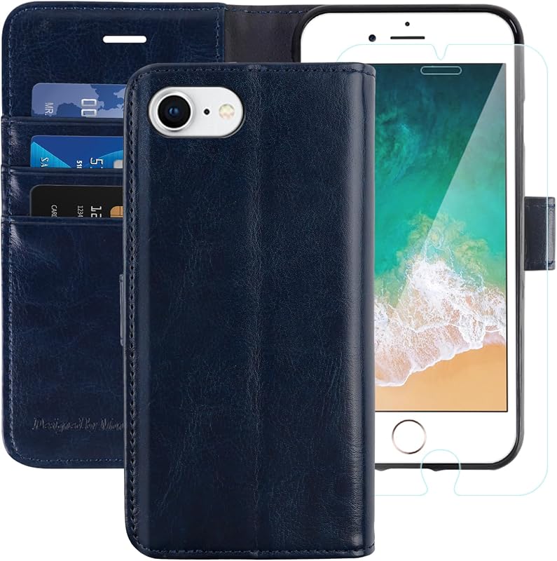 MONASAY Case Compatible for iPhone SE 2022/2020 5G,iPhone 7/8 Wallet Case,4.7-inch, [Glass Screen Protector] Flip Folio Leather Cell Phone Cover with Credit Card Holder, Blue