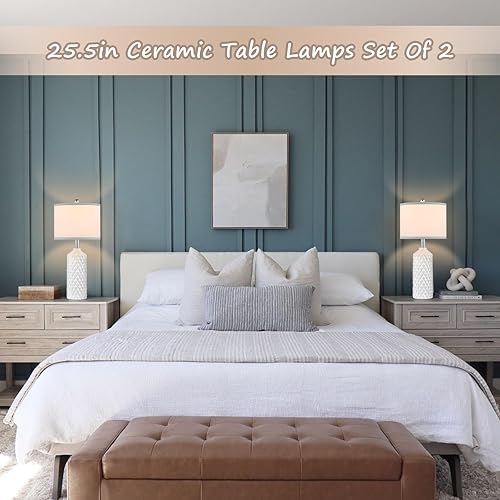 Miniatura 6 de Juego de 2 lámparas de mesa de cerámica de 25.5 pulgadas, modernas lámparas de mesa blancas para dormitorio, sala de estar con 3 temperaturas de