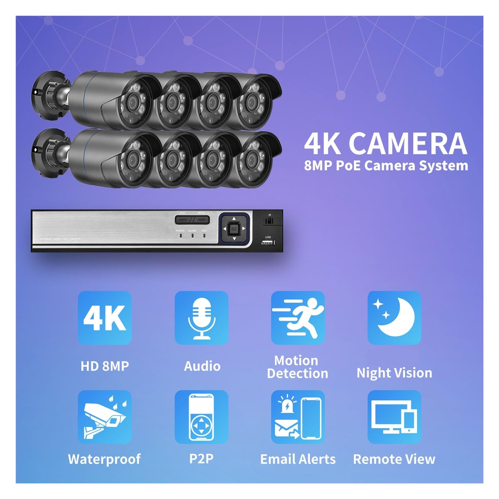 System Kamer Bezpieczeństwa 4K 8MP H.265 + POE NVR Kit CCTV Outdoor Gray Bullet Kamera IP Nagrywanie Dźwięku Zestaw Nadzoru Wideo Dobra Jakość Obrazu(None,8CH NVR and 6Cameras)