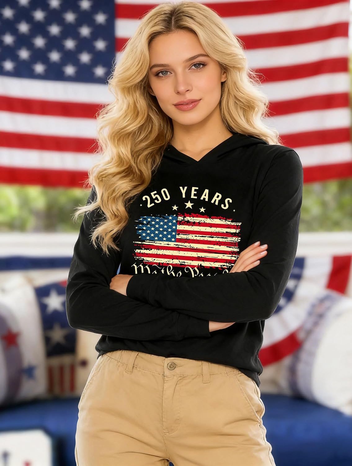 American Flag Hoodie for Women: 4th of July Shirts Patriotic Long Sleeve Memoria Day Hoodie Pullover Tops