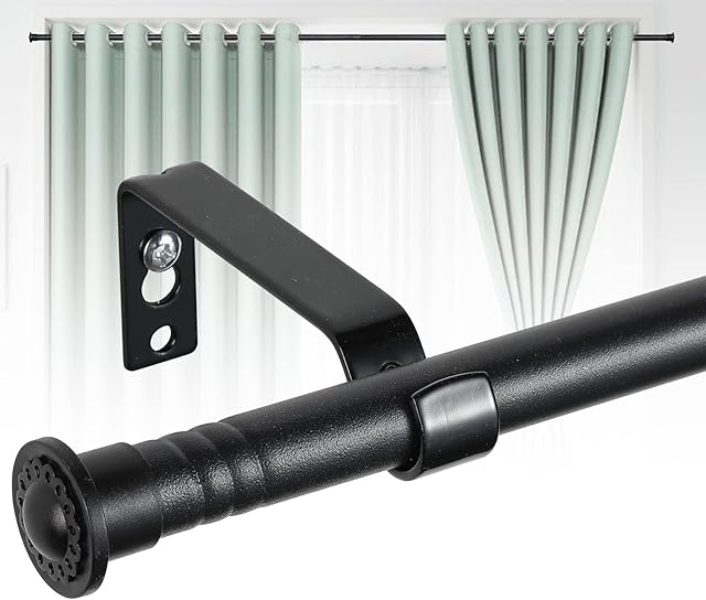 Harrms 16mm Curtain Poles for Eyelet Curtains, Matt Black Voile Curtain Pole 76-368cm, Curtain Rod Metal with Adjustable Brackets and Cap Finials for Bedroom, Living Room